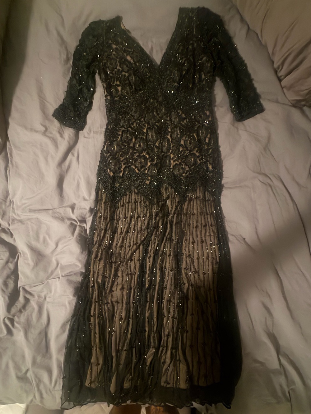 Pisarro Nights Black Beaded Lace Long Sleeve Evening Gown